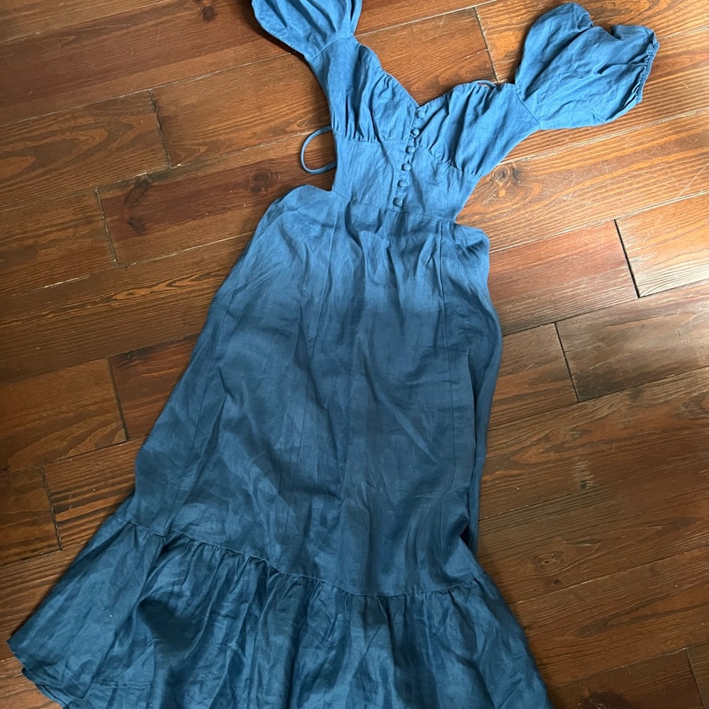 Reformation Blue Linen Sundress with Sweetheart Neckline